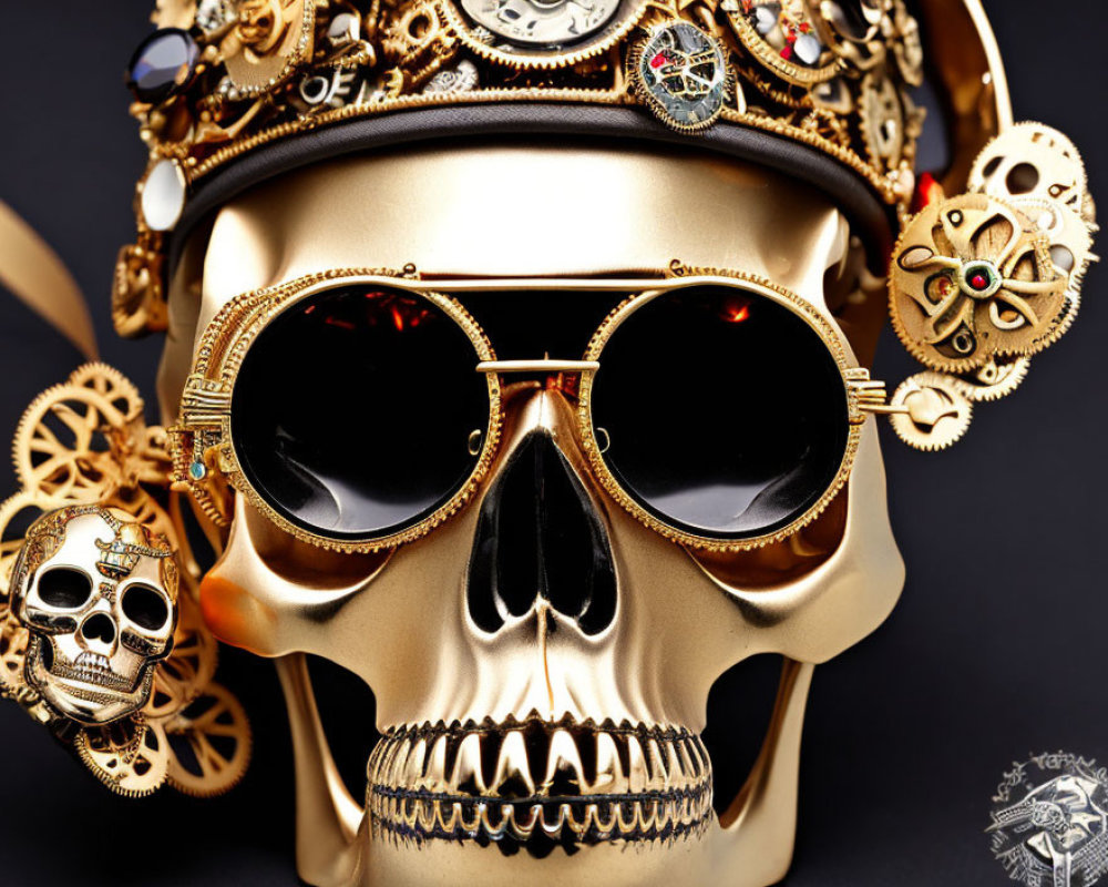 Steampunk-inspired golden skull with aviator sunglasses and clockwork details on dark background