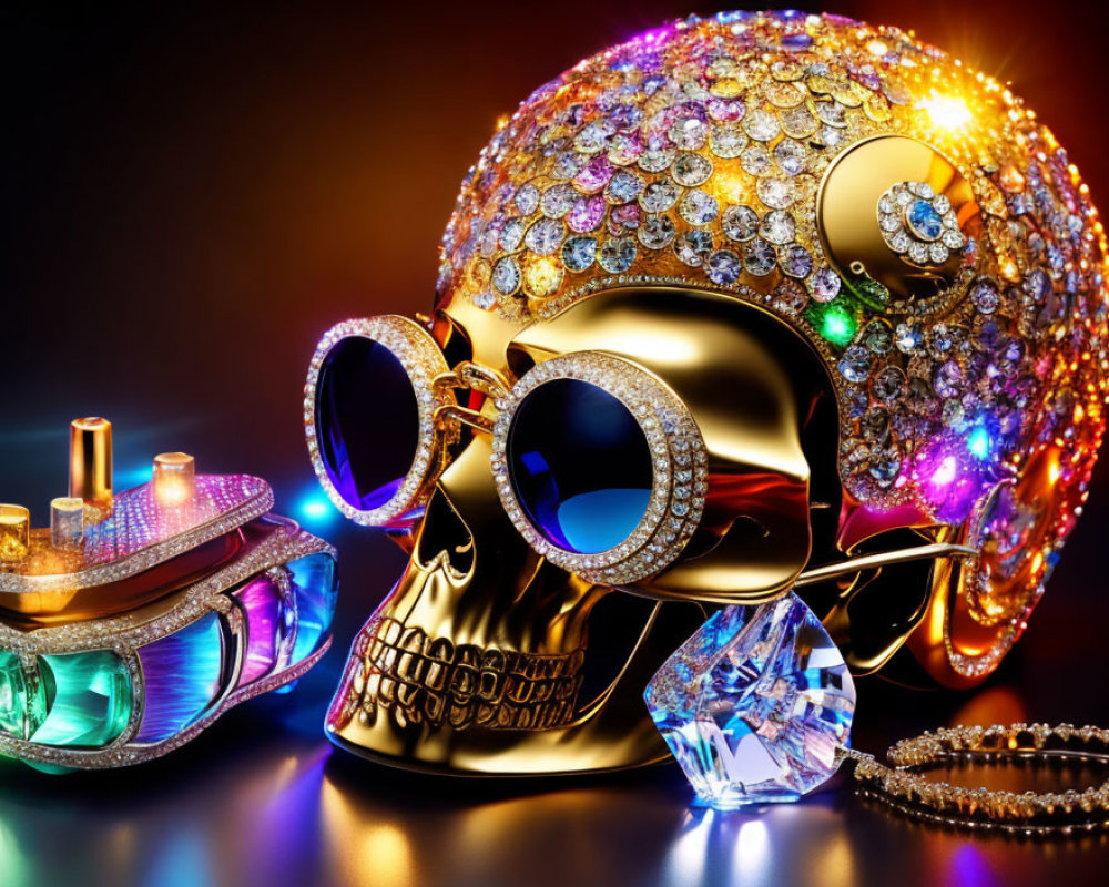 Golden Skull with Gem Sunglasses Surrounded by Luxury Items