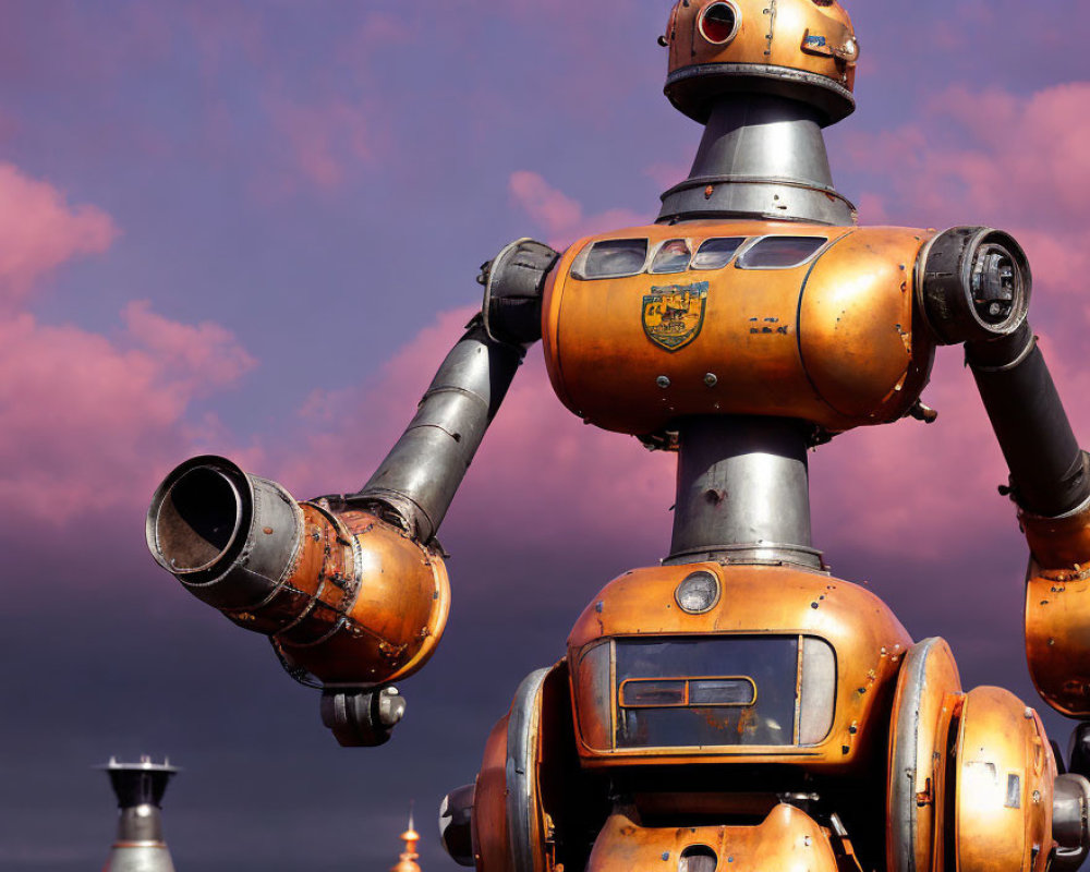 Vintage Robot in Orange and Rust Colors Against Dramatic Pink and Purple Sky