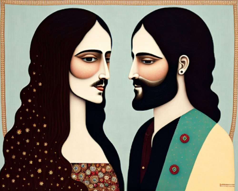 Stylized painting of man and woman with intricate patterns and shared face