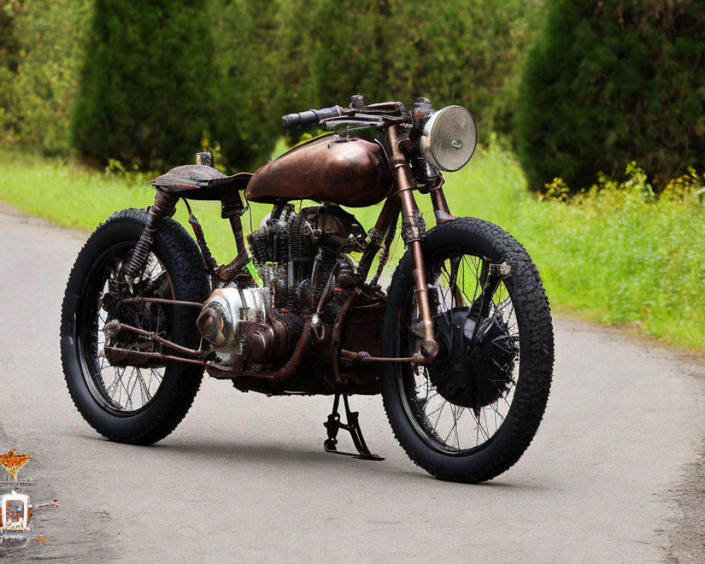 Rustic copper finish vintage custom motorcycle parked by roadside.