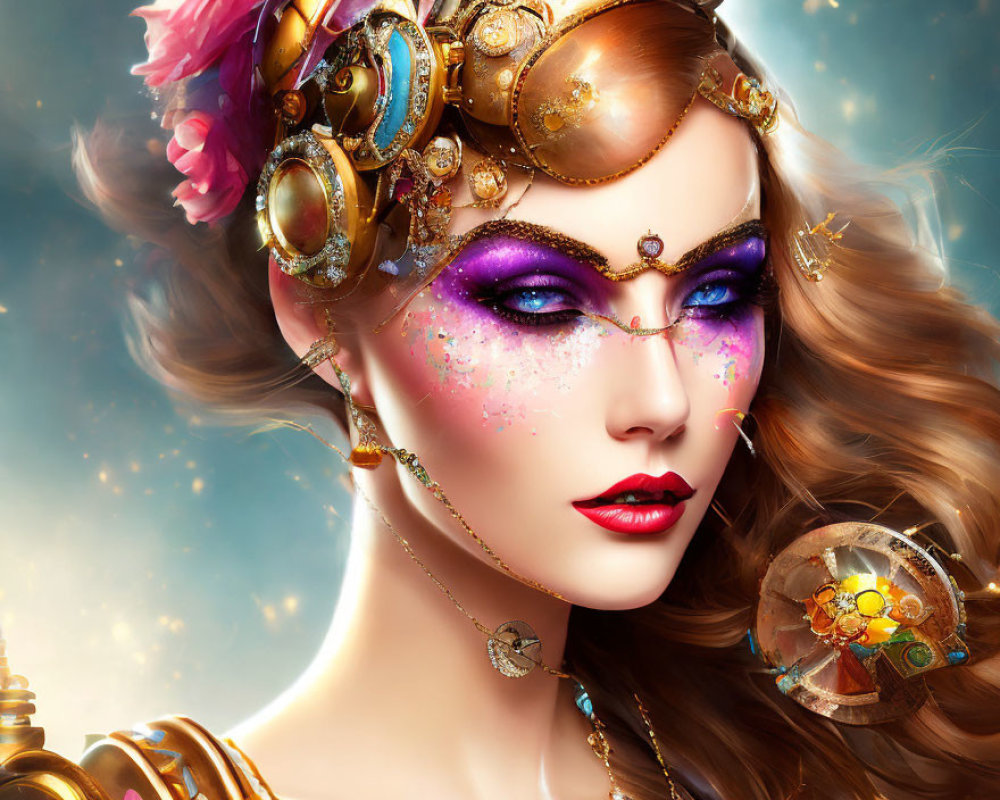 Steampunk-inspired woman with vibrant makeup and mechanical eyepiece