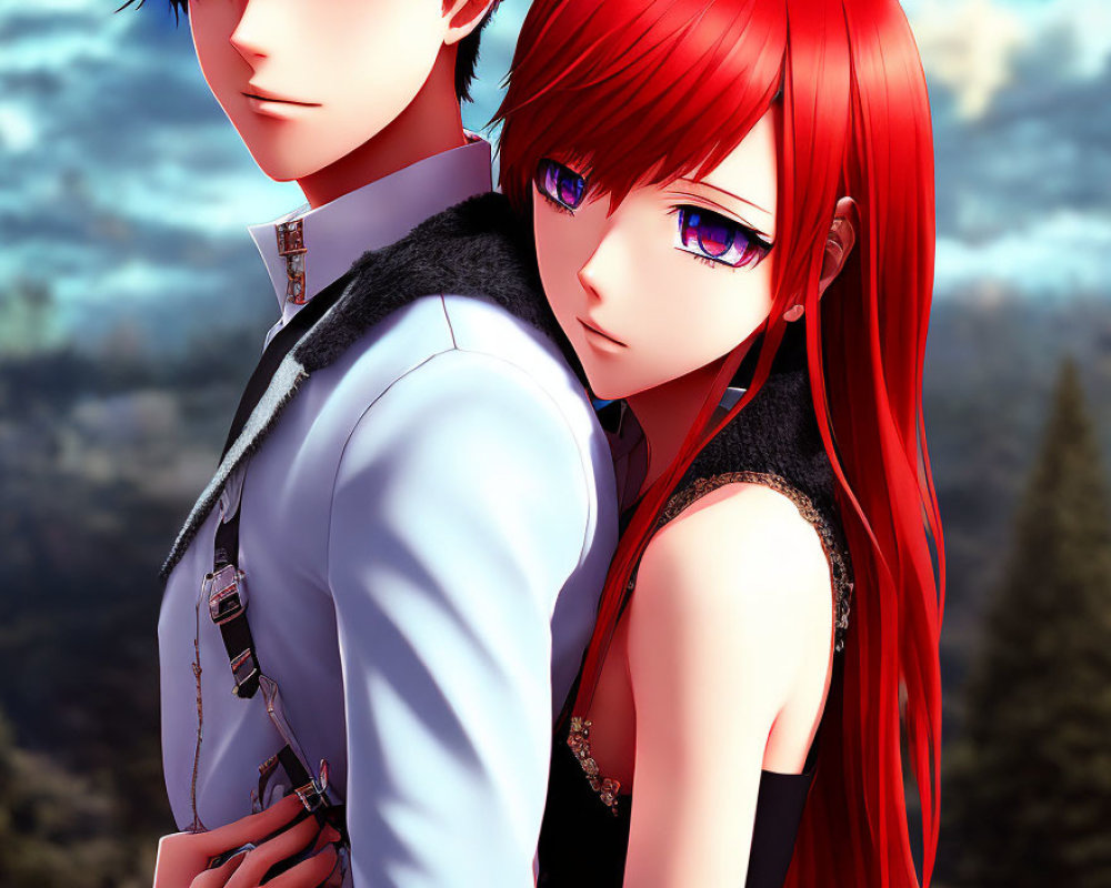 Anime-style Illustration: Red-Haired Girl & Dark-Haired Boy in Formal Attire with Bl