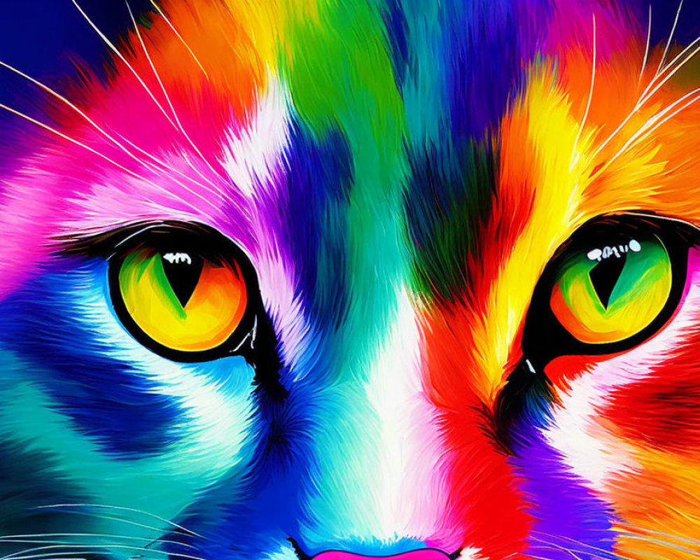 Colorful Cat Face with Multicolored Eyes