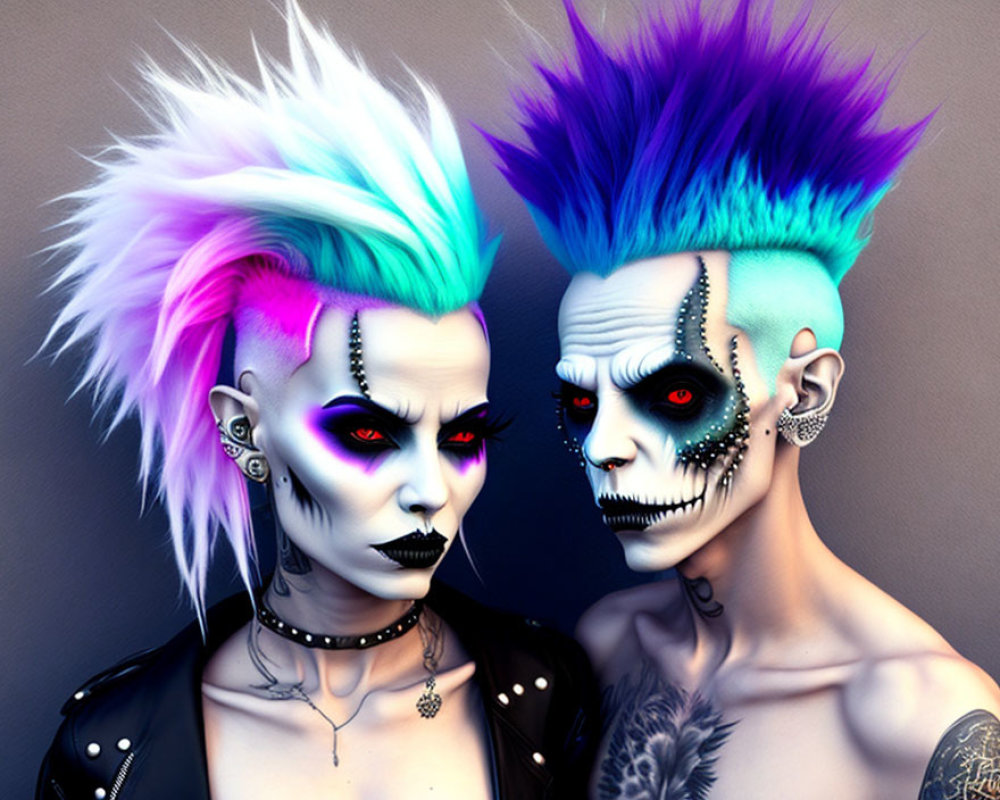 Vibrant punk-style figures with colorful mohawks and edgy makeup.