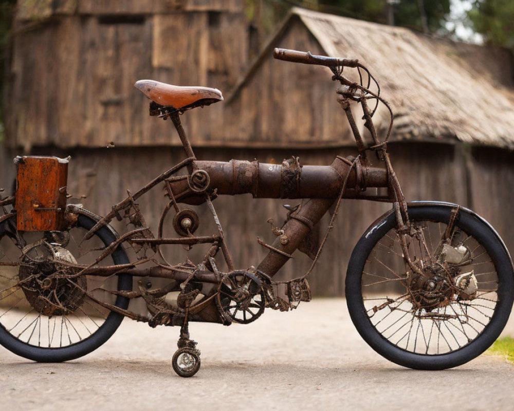 Vintage rusty bicycle with leather saddle on dirt path near wooden structure