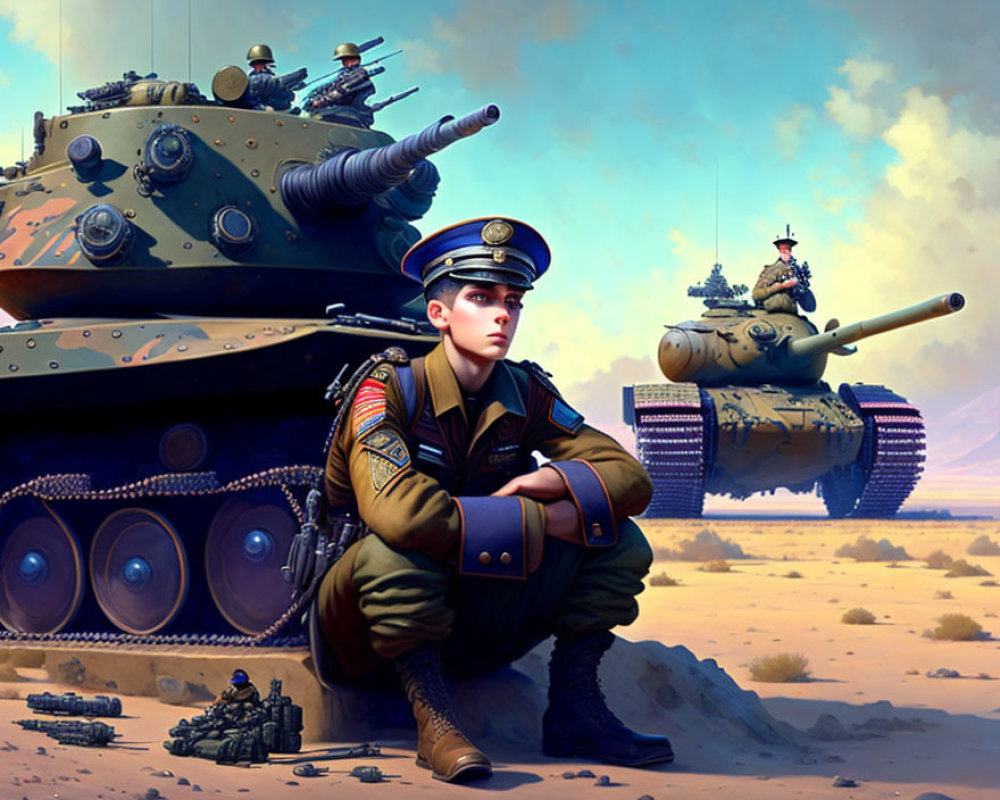 Military personnel with tanks in desert setting under blue sky