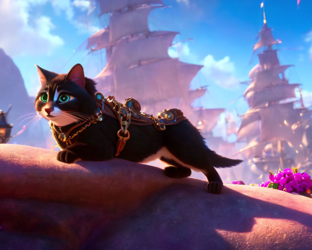 Black Cat with Green Eyes and Golden Chains on Rock with Fantasy Ships and Purple Flora