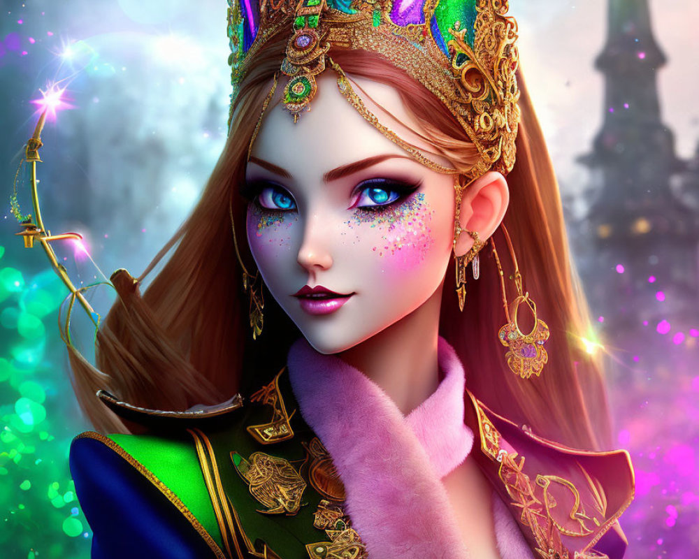 Fantasy Queen Digital Artwork: Purple-Eyed Royalty in Jeweled Crown