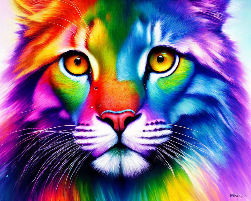 Colorful Rainbow Lion Portrait: Multicolored hues blend seamlessly across its face and mane