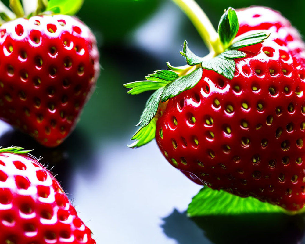 Vibrant ripe strawberries with green leaves on blurred background