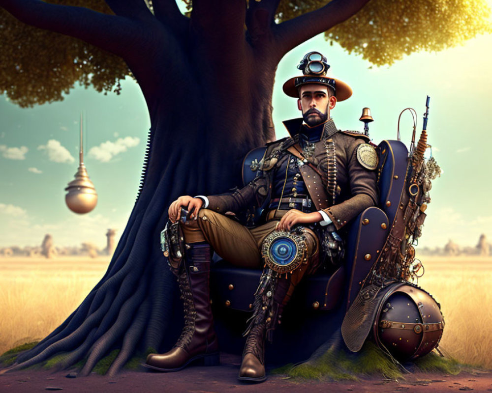 Steampunk-clad man under tree with futuristic cityscape and gadgets.