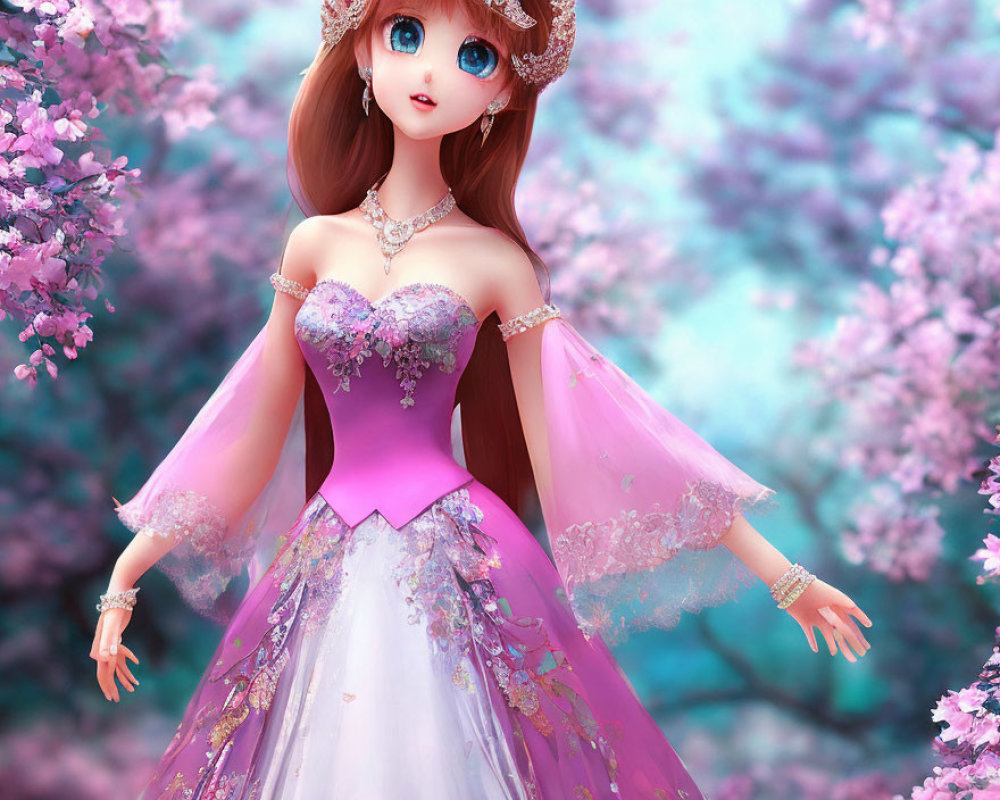 Illustration of doll with blue eyes, brown hair, in purple dress on pink floral backdrop