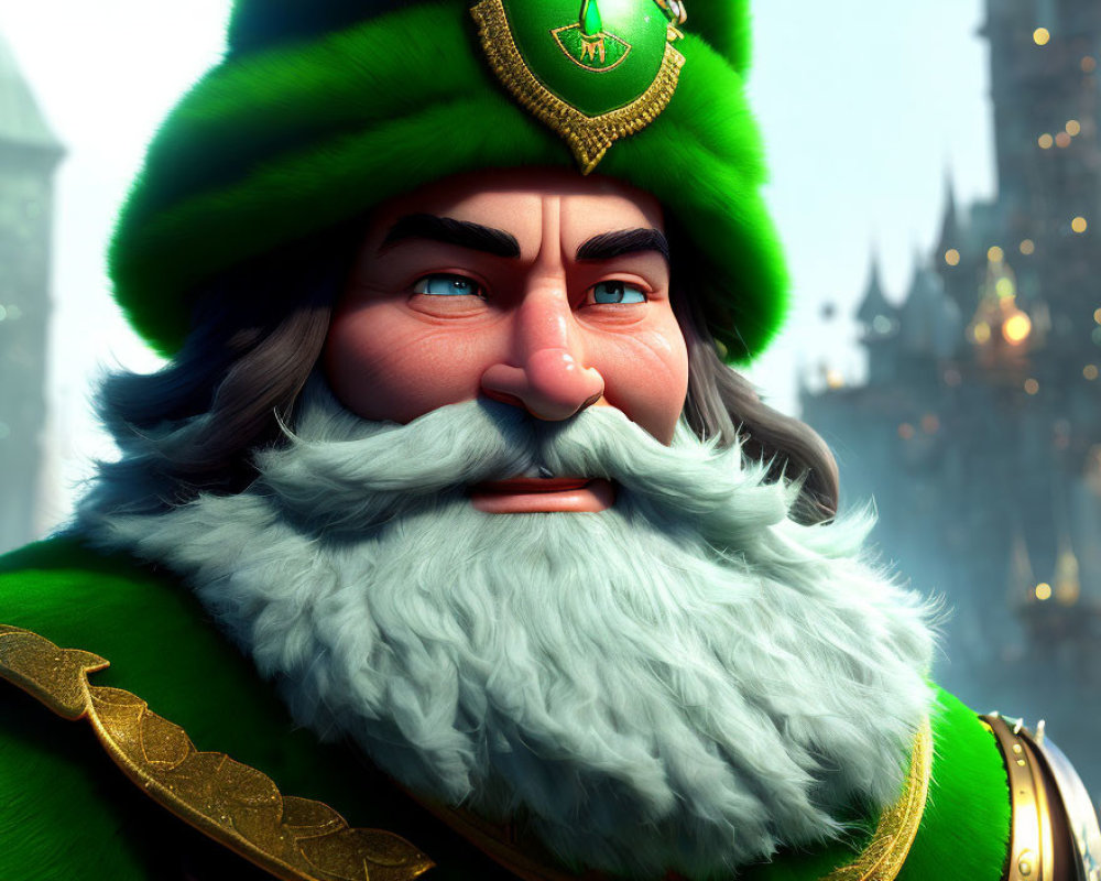 Detailed 3D-rendered character with white beard and green attire in front of castle