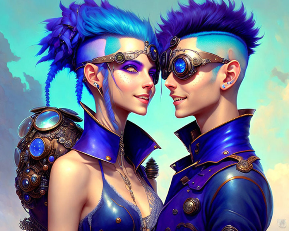 Blue-skinned characters in steampunk attire with futuristic goggles against vivid sky.