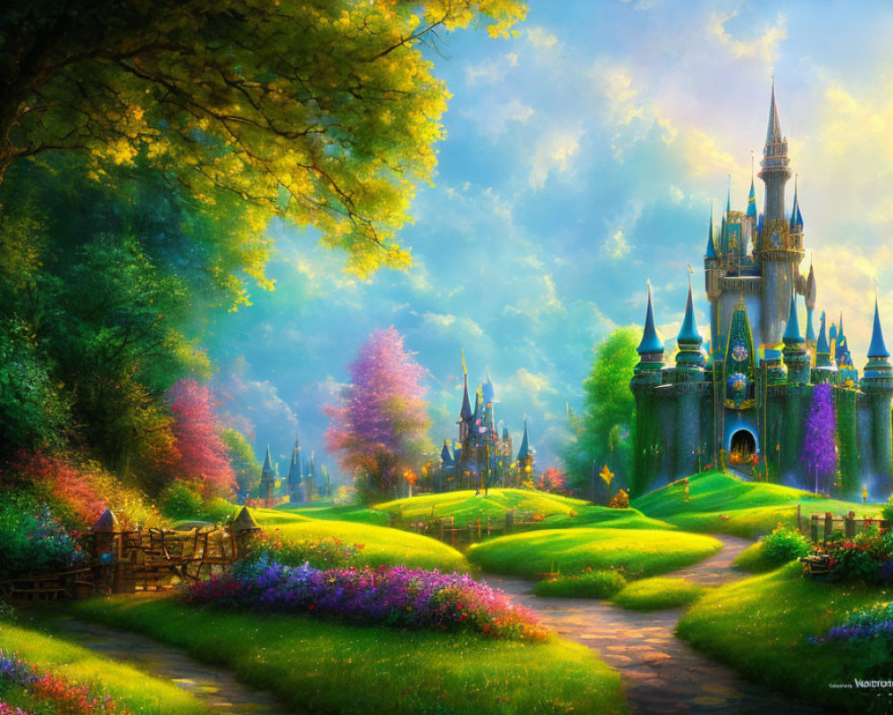 Colorful Fantasy Landscape with Castle and Magical Atmosphere