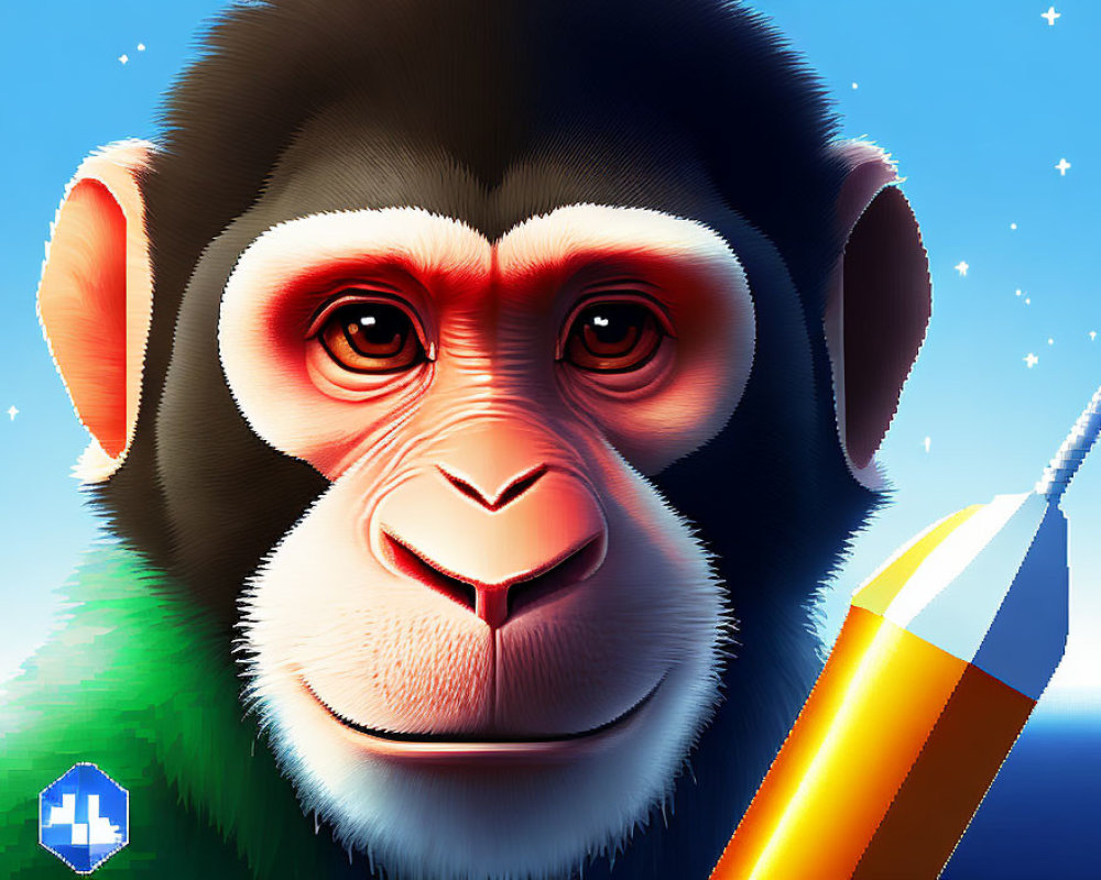 Colorful Chimpanzee Face Illustration with Rocket Background