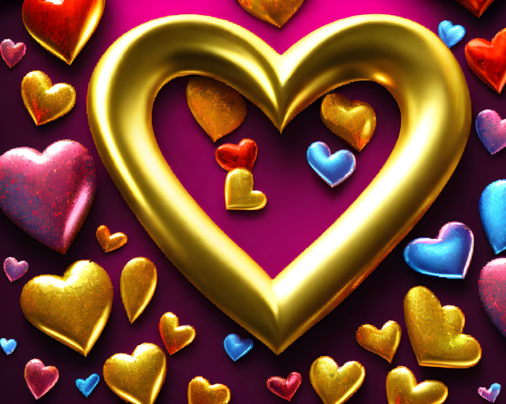 Colorful Hearts Collection on Pink Background with Gold Heart