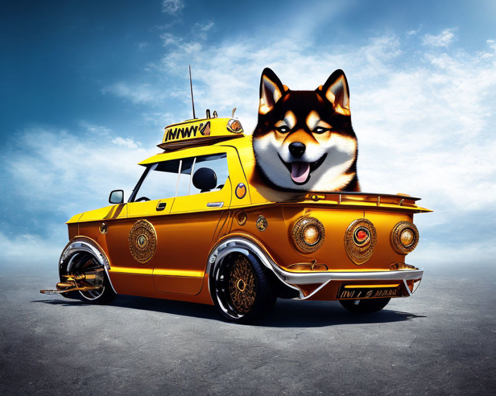 Whimsical Shiba Inu Dog Head on Vintage Yellow Taxi under Blue Sky