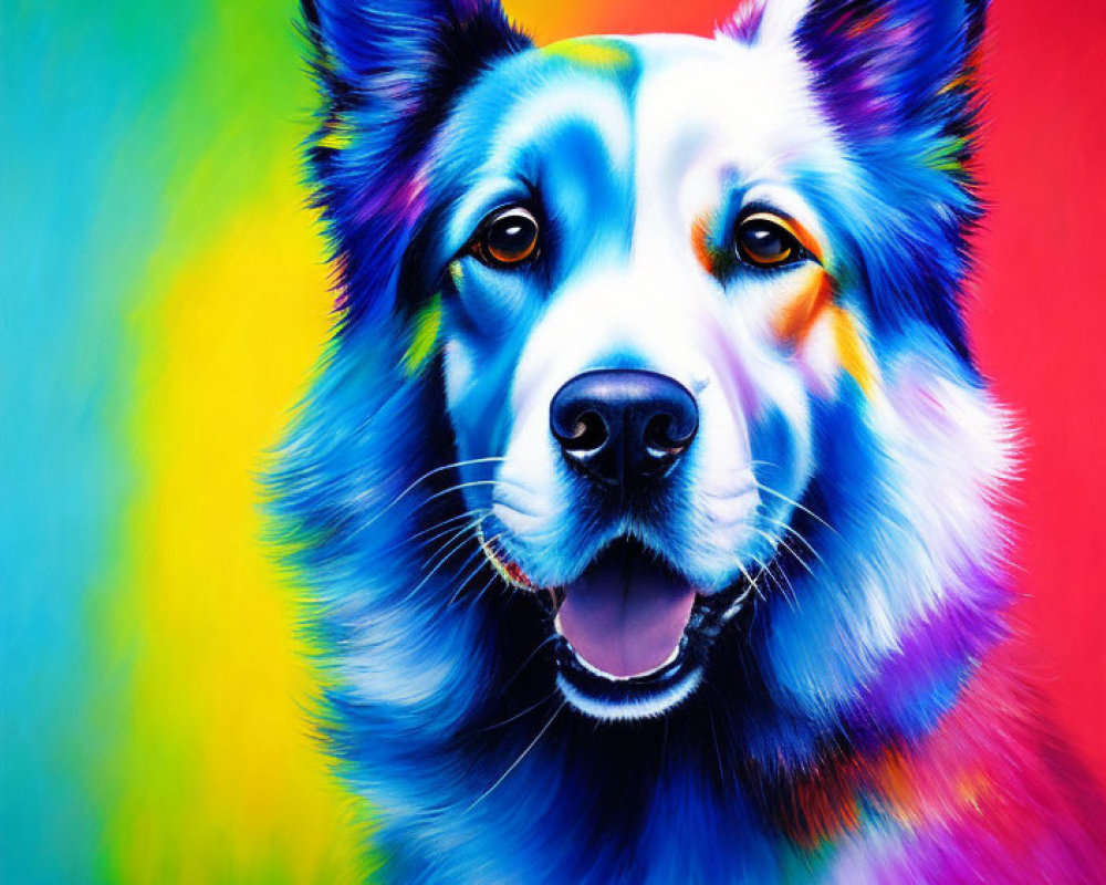 Colorful Dog Painting on Multicolored Background: Blues, Greens, Yellows, Reds