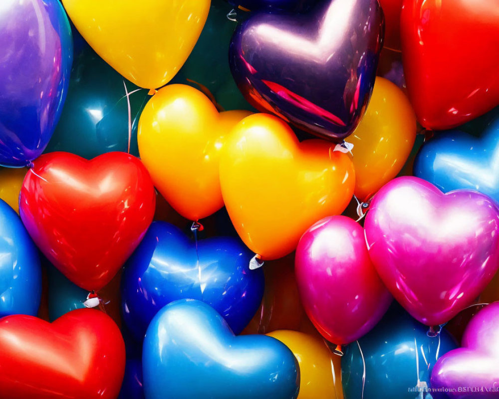 Colorful Heart-Shaped Balloons Cluster in Red, Yellow, Blue, and Pink