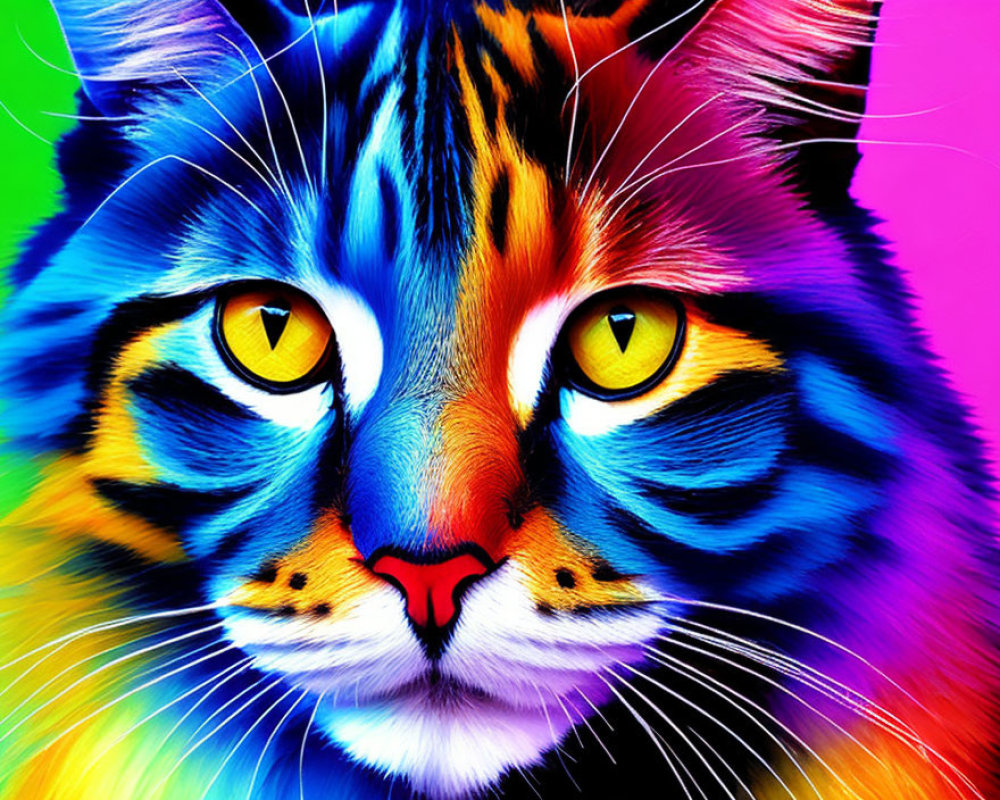 Colorful Cat Image with Yellow Eyes and Rainbow Background