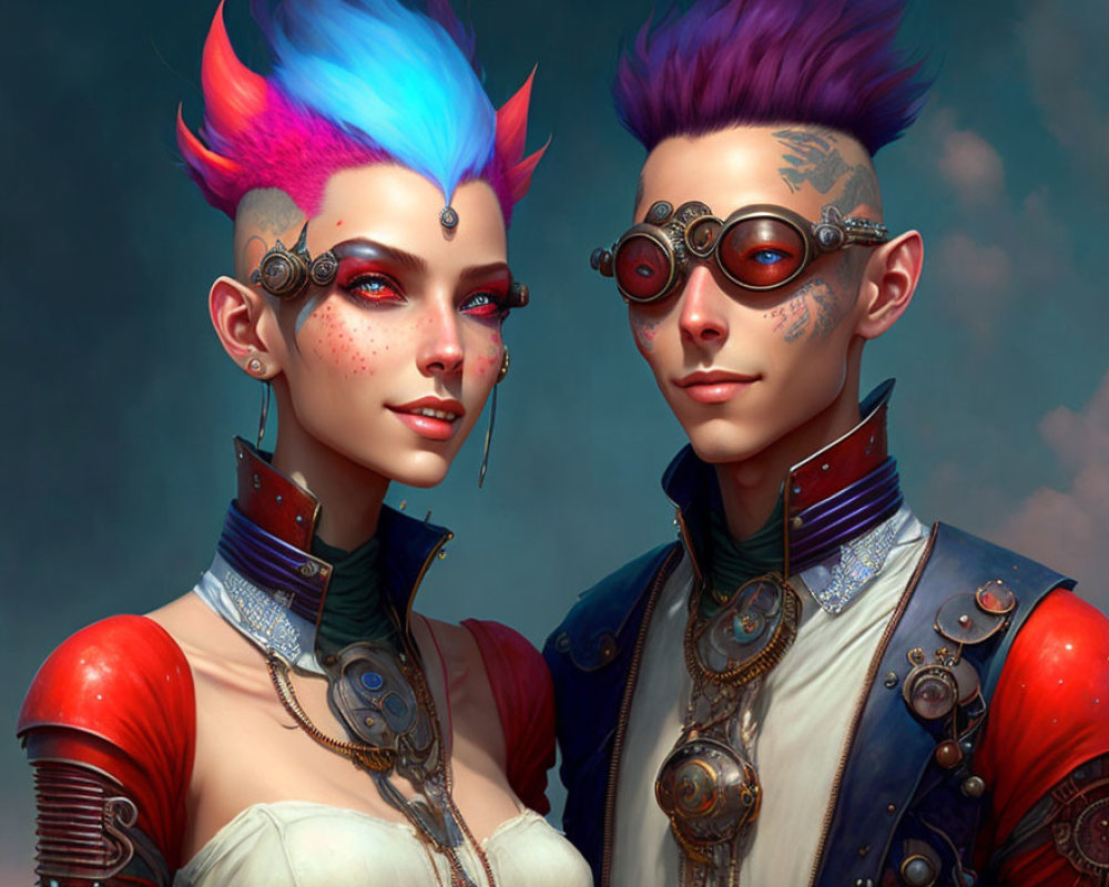 Stylized characters with vibrant mohawks and steampunk attire pose on soft background