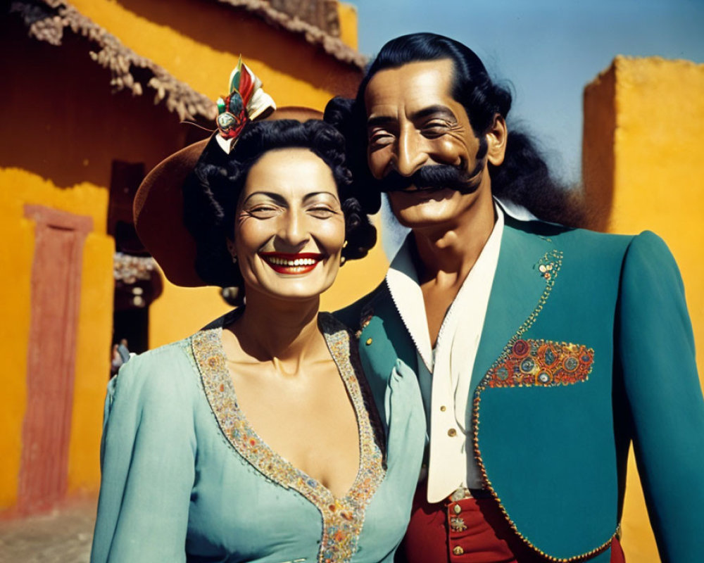 Man and woman in vibrant Mexican attire against yellow wall.