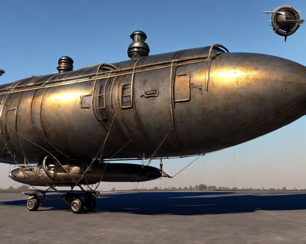 Bronze-colored old-fashioned submarine on metallic frame with wheels