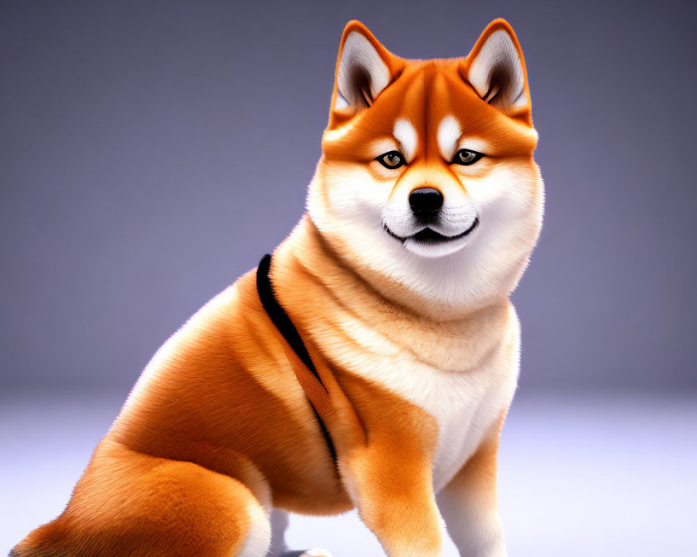 3D rendering of confident Shiba Inu with orange-brown coat & black harness