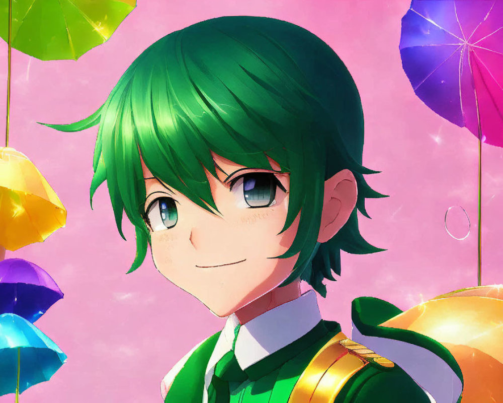 Anime character with green hair in school uniform surrounded by colorful umbrellas