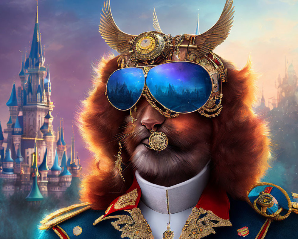 Steampunk-inspired lion in military uniform with golden goggles and fantasy castle backdrop