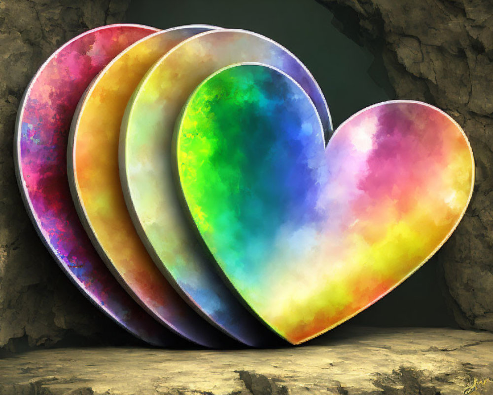 Colorful Overlapping Heart Icons on Dark Rocky Background