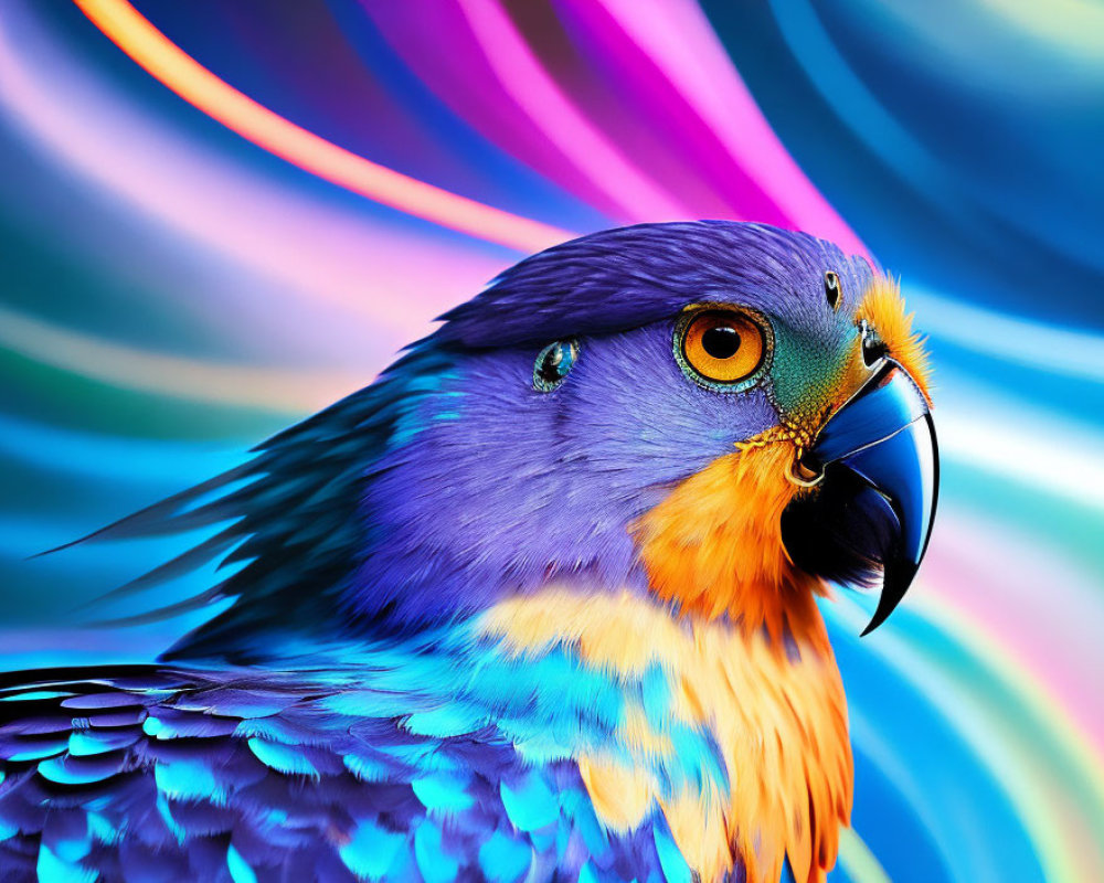 Colorful Parrot with Blue and Orange Feathers on Multicolored Background