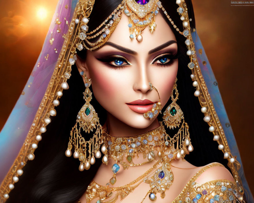 Colorful portrayal of woman in South Asian bridal attire & jewelry