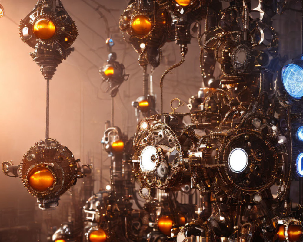 Intricate Steampunk Mechanical Spheres in Warm Hazy Setting