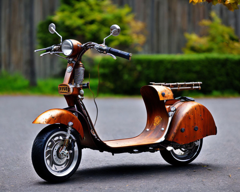 Curved Wooden Scooter with Chrome Accents on Paved Road