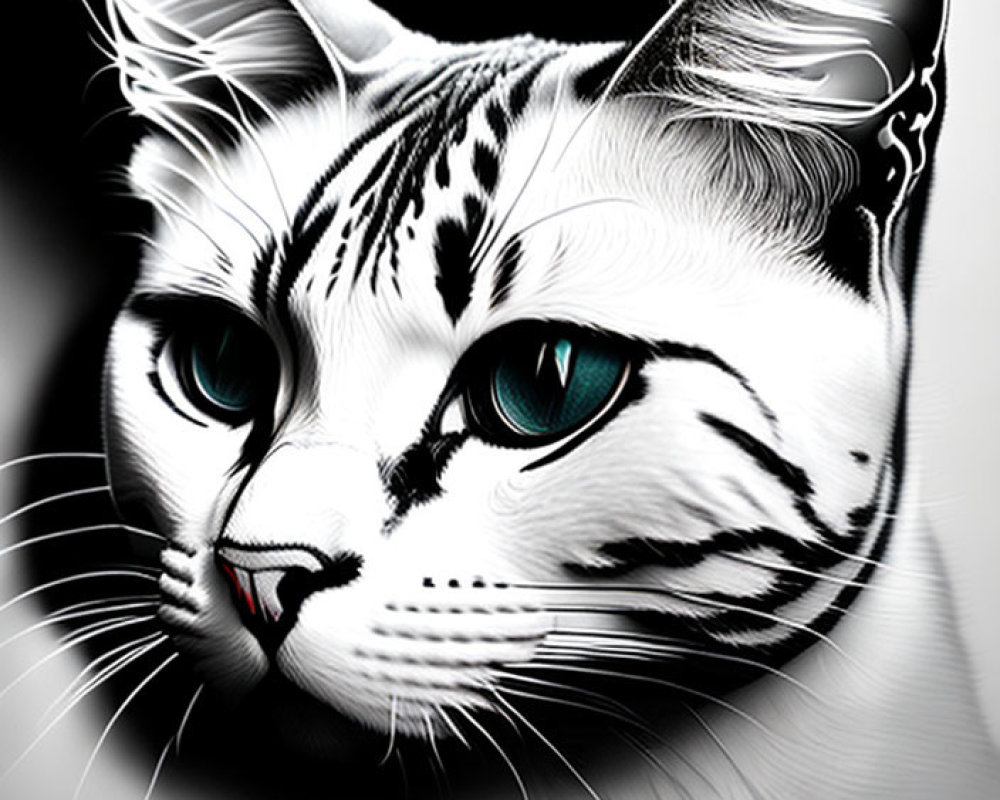 Monochromatic digital artwork: Cat with turquoise eyes, bold fur patterns, intricate shading