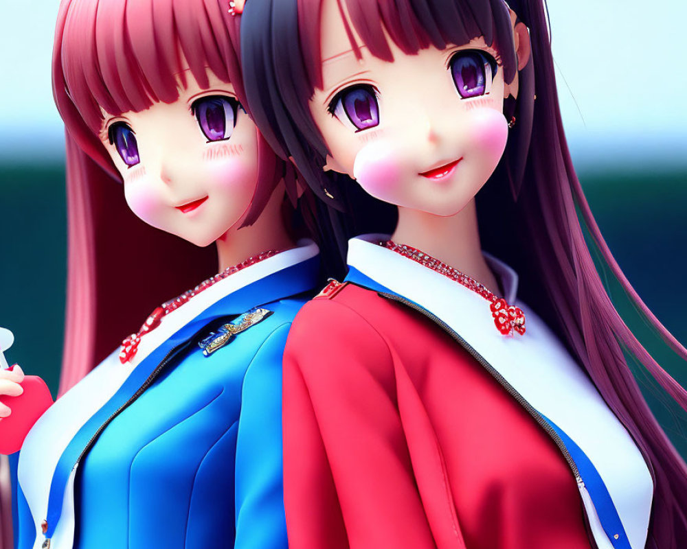 Two Smiling Anime-Style Girls in Colorful School Uniforms