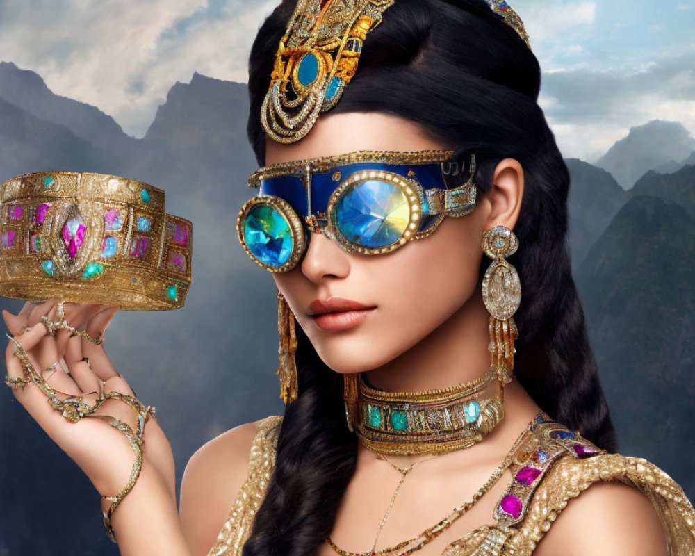 Woman in Egyptian Costume with Jewelry and Sunglasses in Mountainous Setting