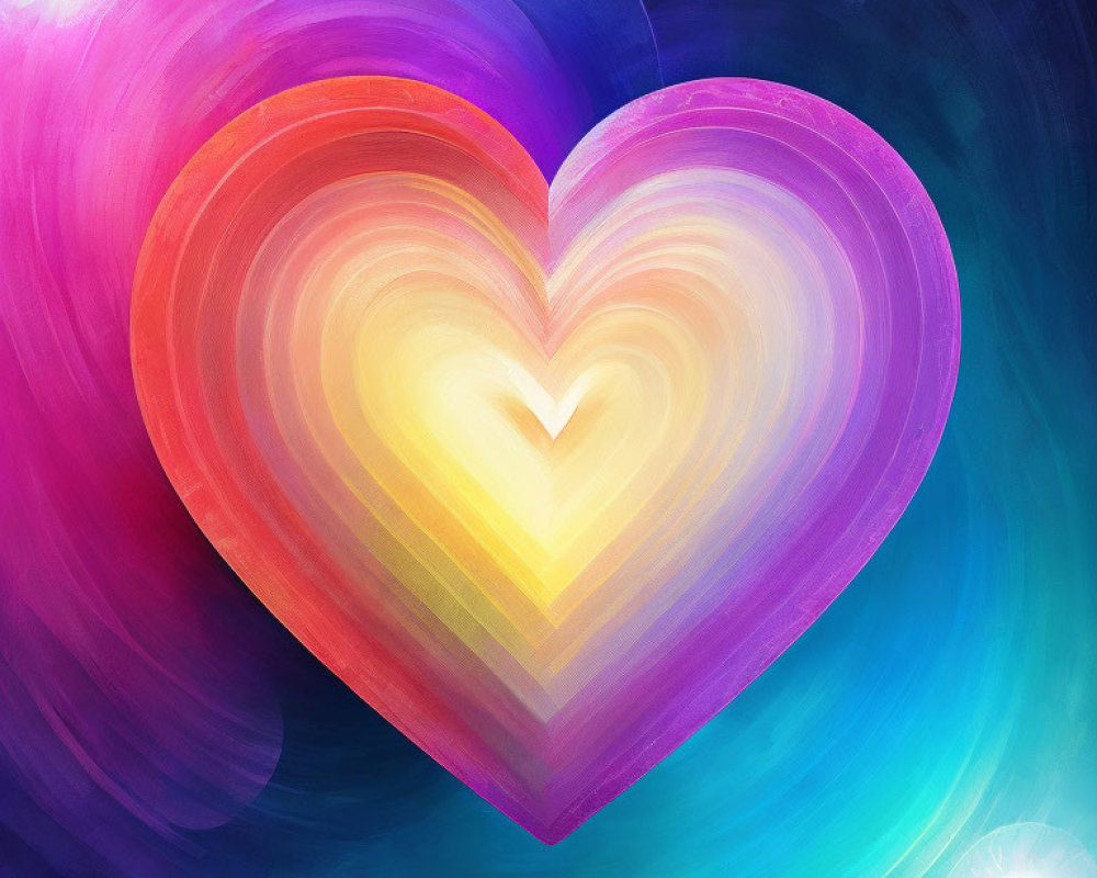 Colorful Heart Digital Painting with Purple to Yellow Gradient on Swirling Blue and Pink Background