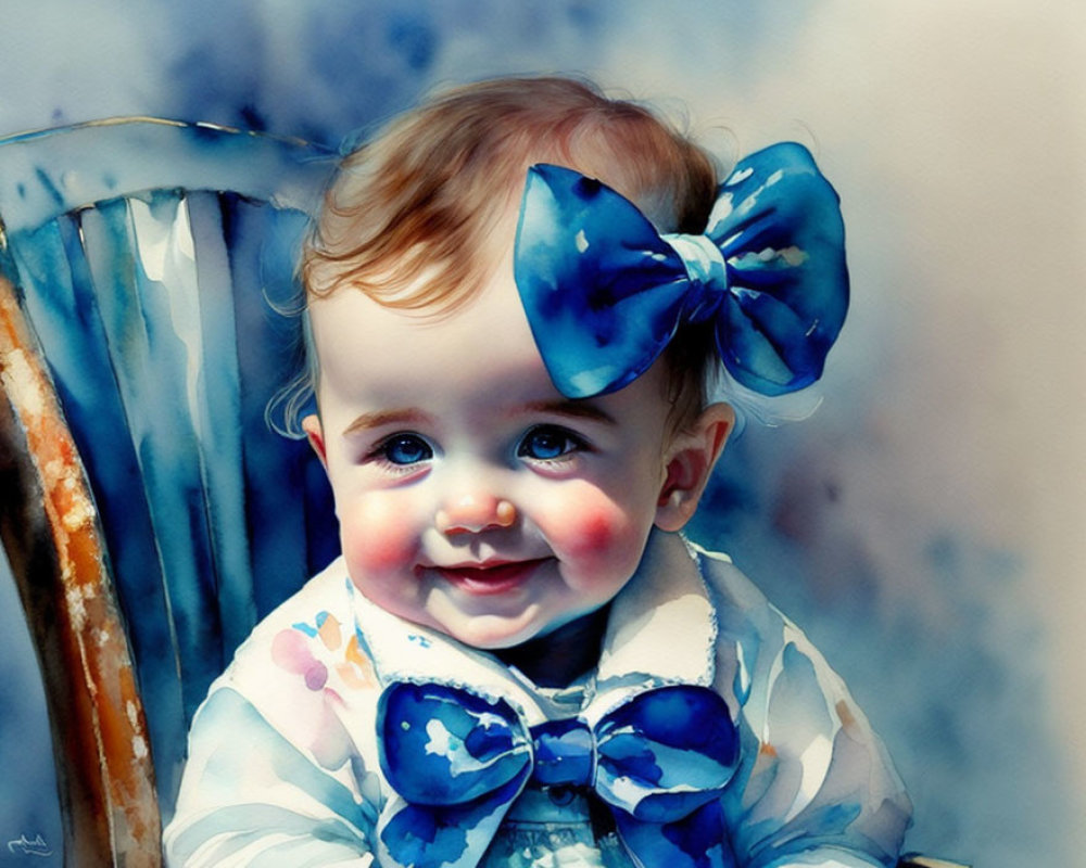 Smiling baby with rosy cheeks in white outfit and blue bow on chair