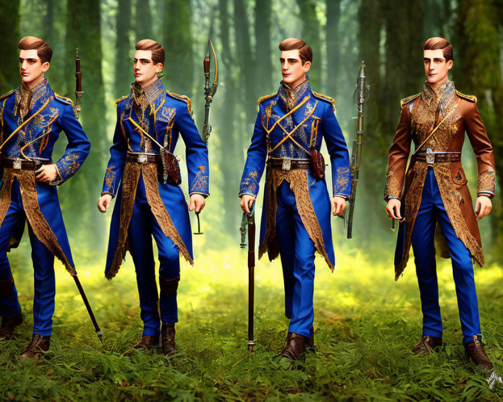 Four male figures in blue and brown uniforms with spears in a forest