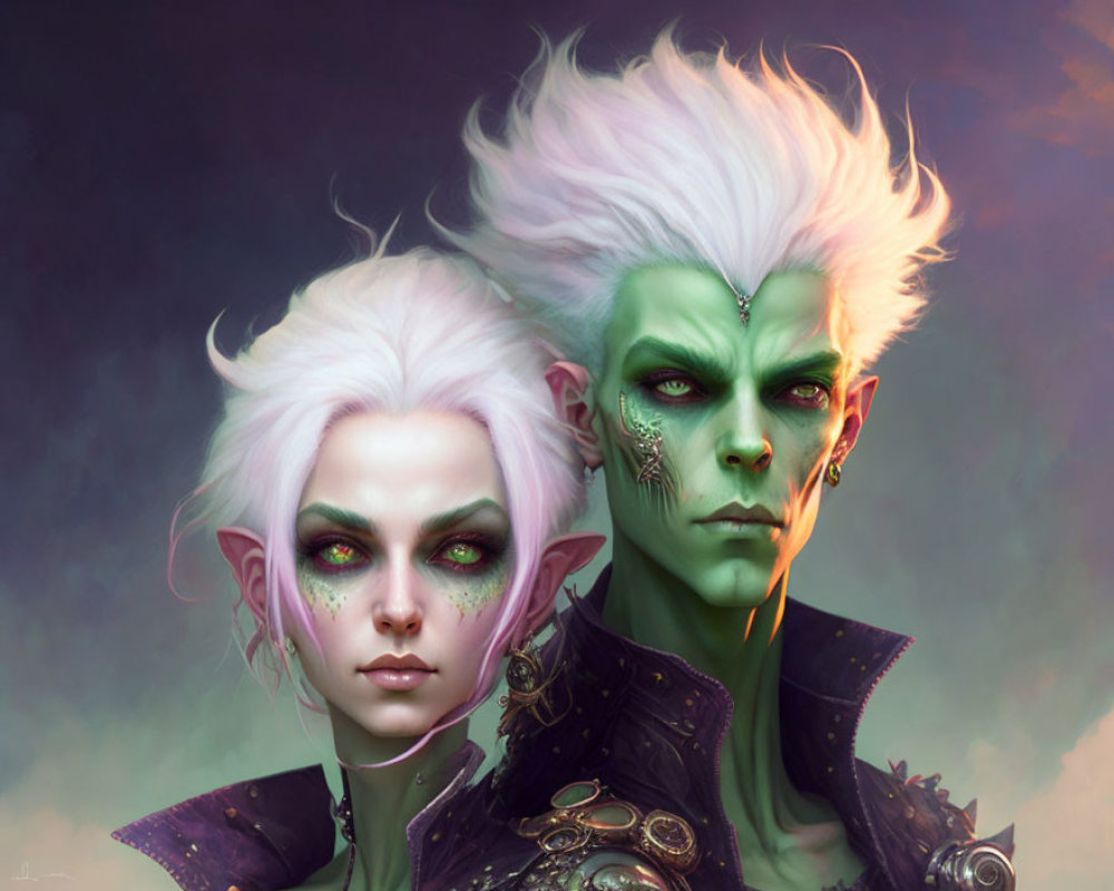 Fantasy portrait of two characters with pale skin, pointed ears, white and green hair, piercing eyes