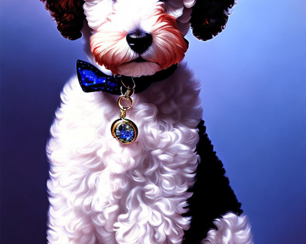 Curly-Haired Dog in Blue Bow Tie and Pendant Portrait