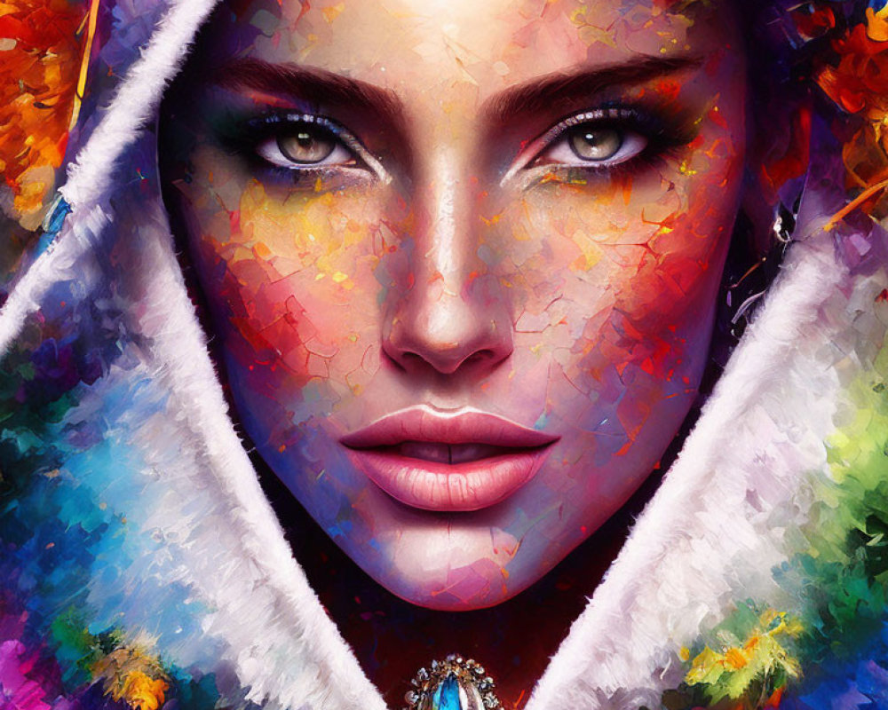 Colorful Digital Portrait of Woman with Blue Eyes and Mosaic Skin Tones