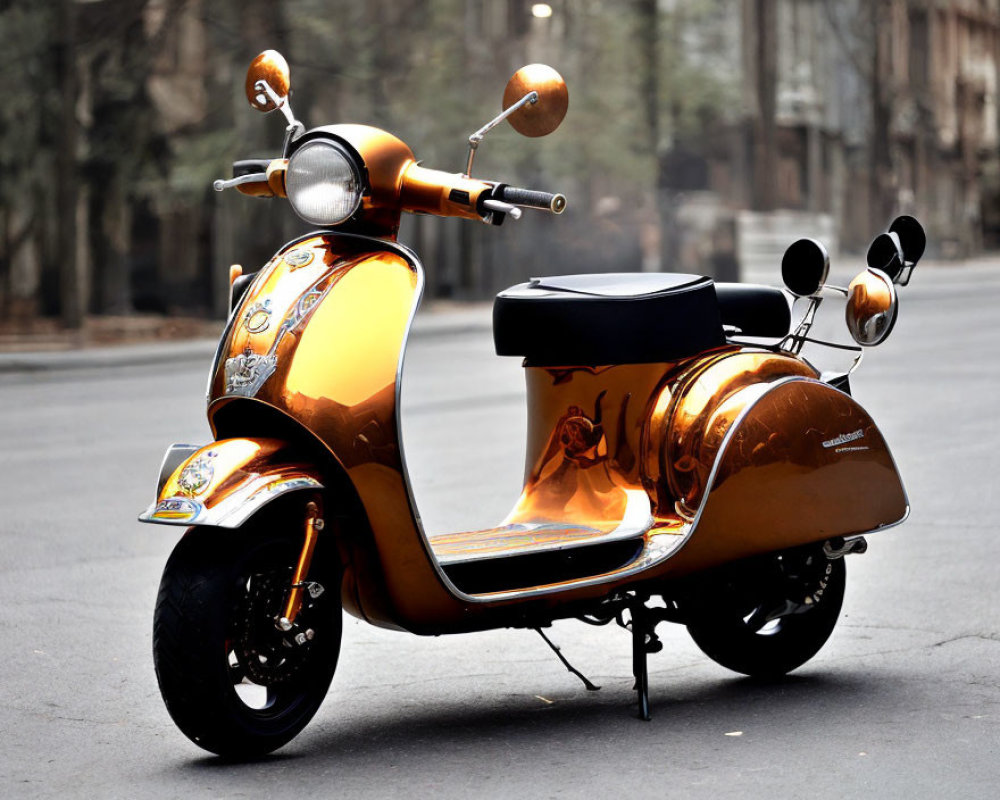 Shiny metallic orange scooter with chrome accents parked on urban street