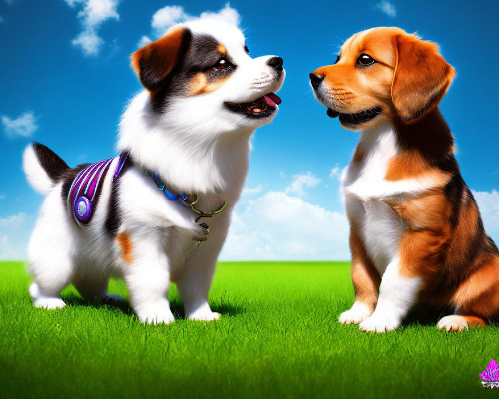 Two animated dogs on grass under blue sky with clouds: Corgi-like dog in purple harness and