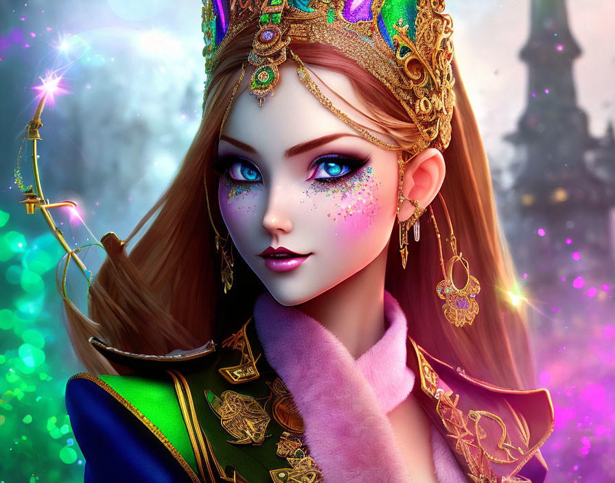 Fantasy Queen Digital Artwork: Purple-Eyed Royalty in Jeweled Crown