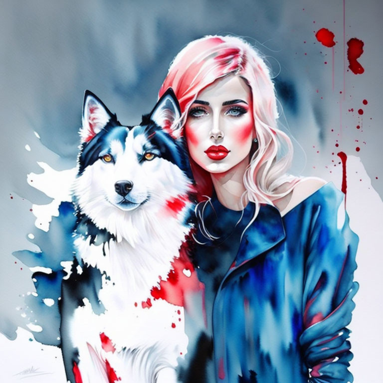 Stylized painting of woman with red hair next to dog in red and blue watercolor